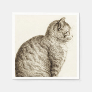 Sitting cat vintage sepia pencil drawing servet