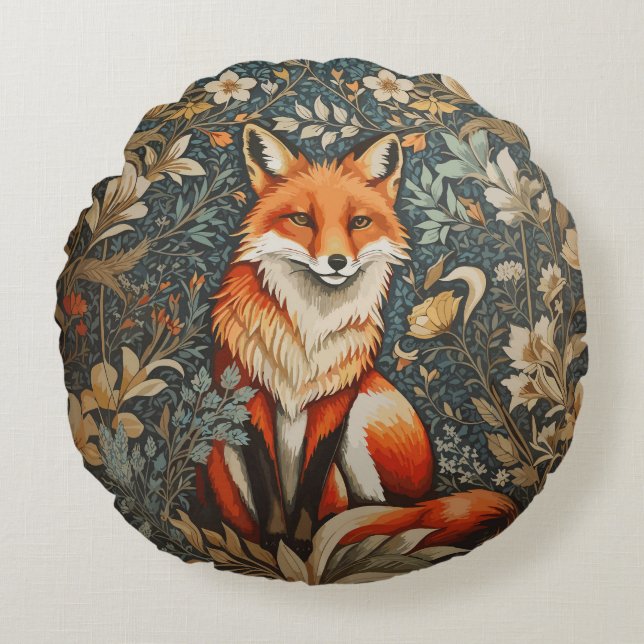  Sitting Fox William Morris geïnspireerd Floral Rond Kussen (Voorkant)