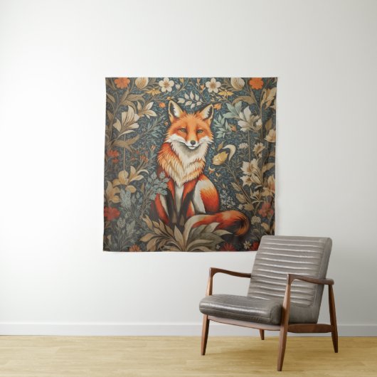 Sitting Fox William Morris geïnspireerd Floral Wandkleed (In situ)