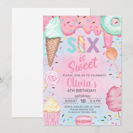 Six est si Sweet girl 6e anniversaire invitation (Devant / Derrière)