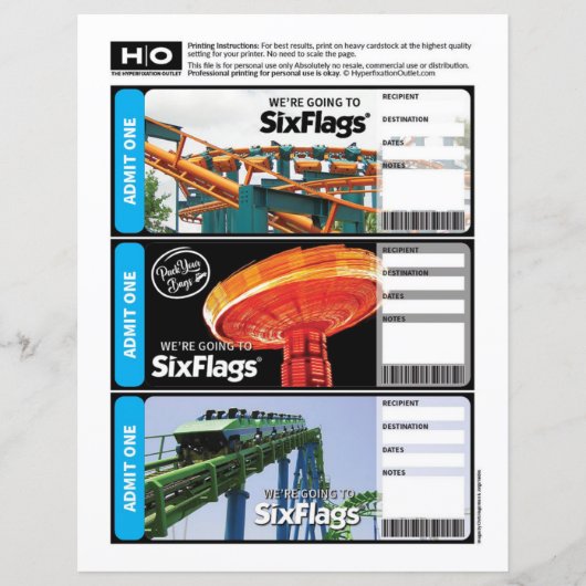 Six Flags Mock Ticket voor reizen en evenementen (Voorkant)