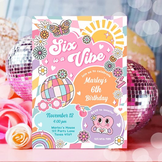 Six is een Vibe Retro Groovy Preppy Varsity Verjaa Kaart