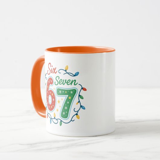 Six Seven 67 Christmas Meme Mug, Funny Holiday Mok (Voorkant links)