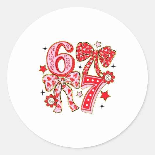 Six Seven 67 Meme Coquette Bow 6 7 Valentines Day  Ronde Sticker (Voorkant)