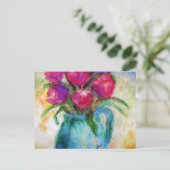 Six Tulipes dans un vase bleu, Art floral, Carte p (Debout devant)