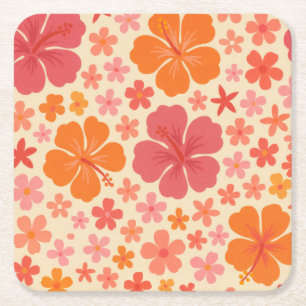 Sixties Hawaiian hibiscus patroon Vierkante Kartonnen Onderzetter