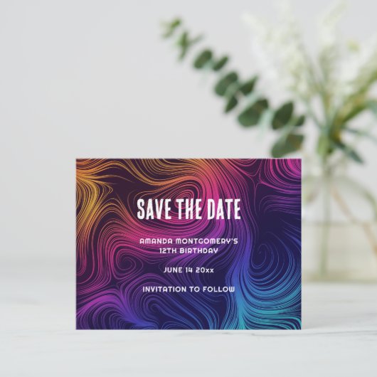 Sixties Vibe Circles & Swirls Koel Bewaar de datum Uitnodiging Briefkaart (Staand voorkant)