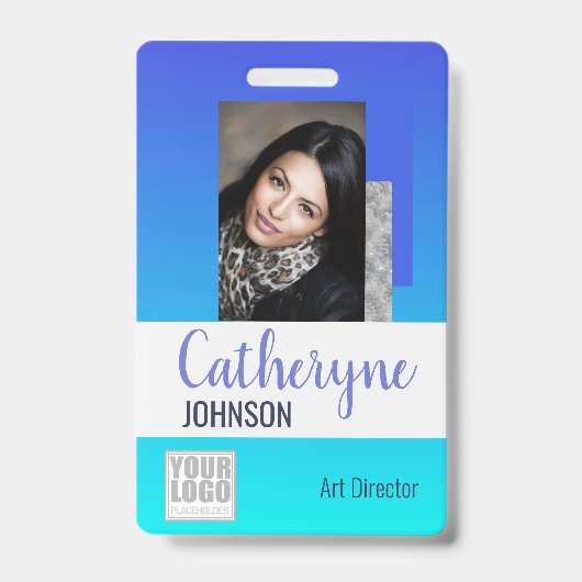 Sjabloon Bright Aqua Blue Ombre Logo Barcode ID Badge (Voorzijde)