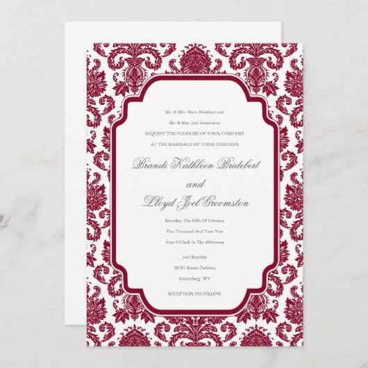 Sjabloon Burgundy Wedding Damask Pattern Kaart (Voorkant / Achterkant)