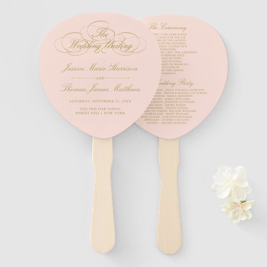 Sjabloon Elegant Blush Pink & Gold Wedding Program Handwaaier (Voorkant en achterkant)