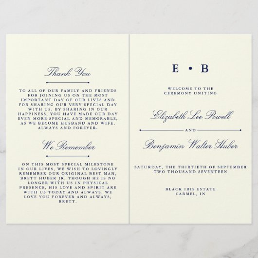 Sjabloon Elegant Navy Blue & Ivory Wedding Program (Voorkant)