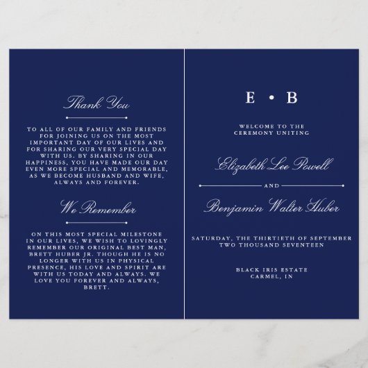 Sjabloon Elegant Navy Blue & White Wedding Program (Voorkant)