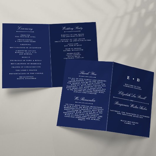 Sjabloon Elegant Navy Blue & White Wedding Program