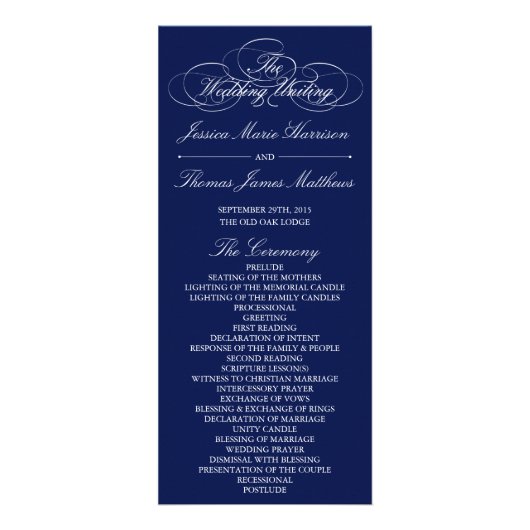 Sjabloon Elegant Navy Blue & White Wedding Program Reclamekaart (Voorkant)