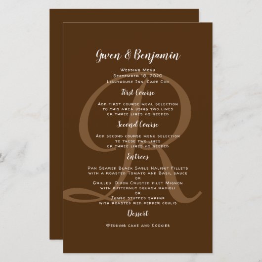 Sjabloon Monogram bruine bruiloft Entree Menu (Voorkant / Achterkant)