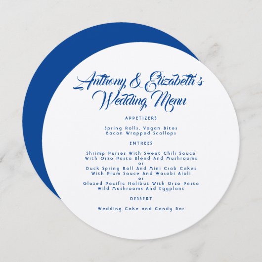 Sjabloon Navy Kraft Paper Round Wedding Menu Kaart (Voorkant / Achterkant)