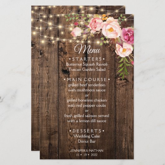 Sjabloon Rustic Boho Floral Country Wedding menu (Voorkant / Achterkant)