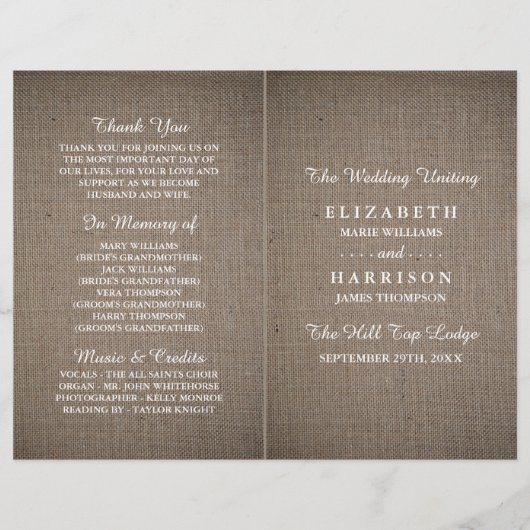 Sjabloon Rustic Burlap Wedding Bi-voudig Programma (Voorkant)