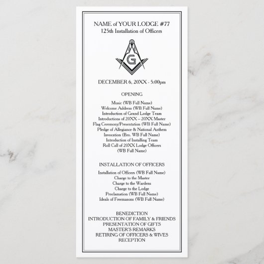 Sjabloon van de Masonic Rack Card Program Guide (Voorkant)