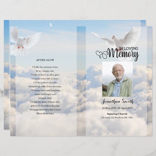 Sjabloon van het Dove & sky Funeral Program (Voorkant / Achterkant)