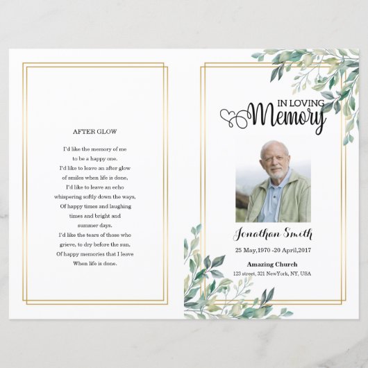 Sjabloon van het Green leaf Funeral Program (Voorkant)