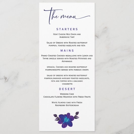 Sjabloon van het speciale blauwe orchidee-weddensc menu (Voorkant)