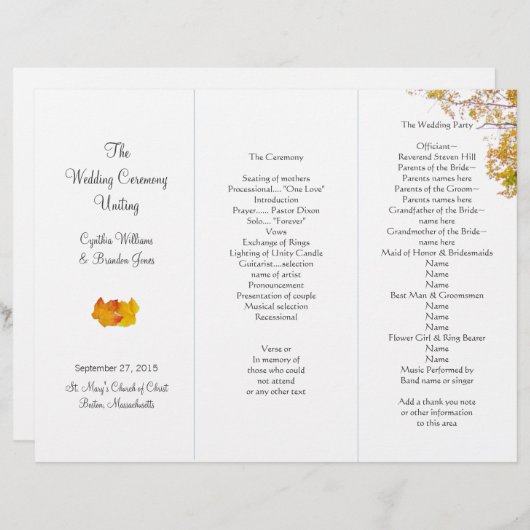 Sjabloon van het Tri-Fold Wedding-programma van on (Voorkant / Achterkant)