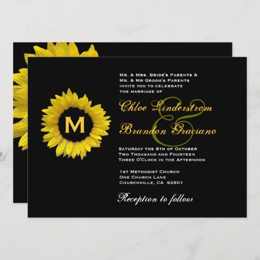 Sjabloon voor donkergeel en zwart zonnebloem kaart (Voorkant / Achterkant)