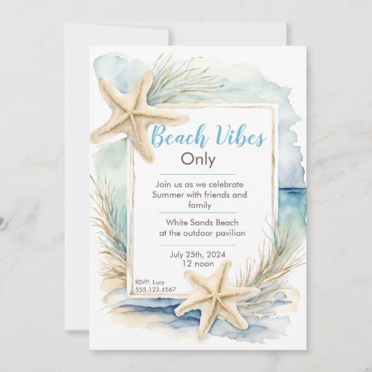 Sjabloon voor stranduitnodiging met zeester kaart (Voorkant)