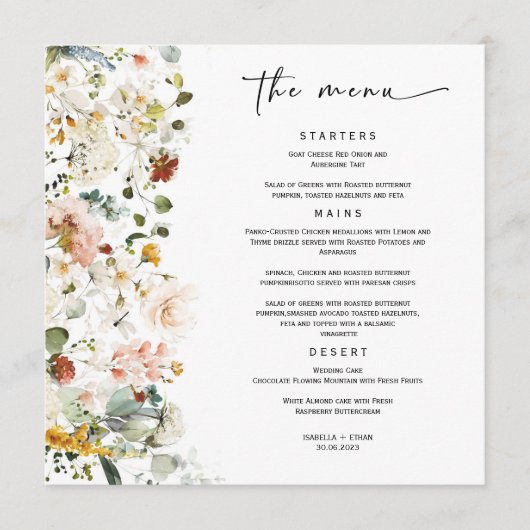 Sjabloon Wildflower Boho-bruiloft Menu (Voorkant)