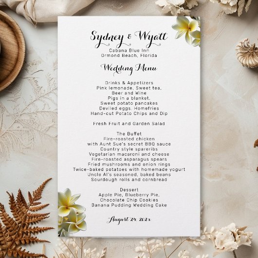 Sjabloon Yellow Plumeria Flowers Wedding Menu