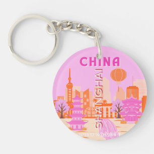 Sjanghai China Roze Reizen Kunst Sleutelhanger