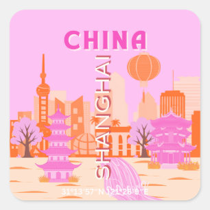 Sjanghai China Roze Reizen Kunst Vierkante Sticker