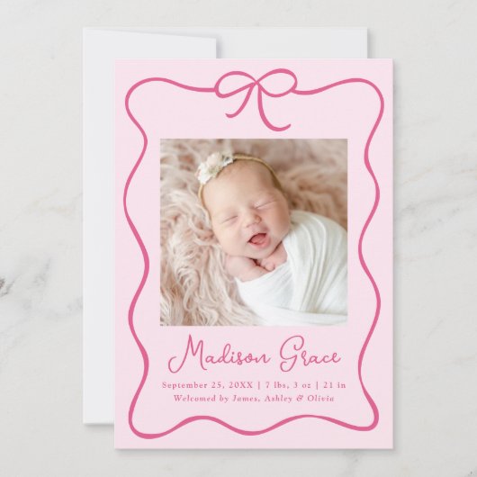 Sjieke Roze Strik Baby Meisje Foto Geboorte Aankondiging (Voorkant)