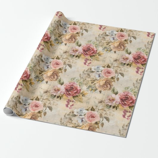 Sjofele Chic Bloemen op Beige Cadeaupapier (Uitgerold)
