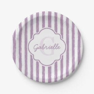 Sjofele paarse geschilderde strepen monogram en na papieren bordje