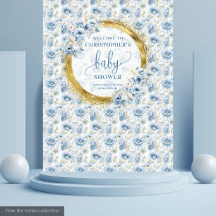 Sjofele Stofblauwe Gouden Bloemen Baby Shower Bann Wandkleed