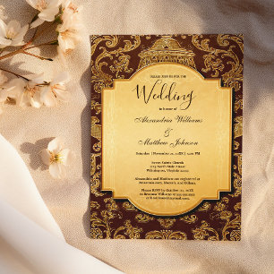 Sjofele vintage bruine gouden bloemendamask bruilo kaart