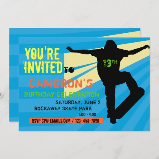 Skate board Ado Invitation d'anniversaire (Devant / Derrière)