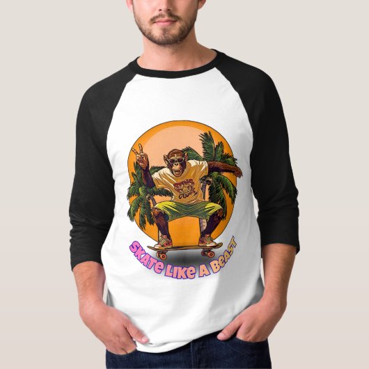 Skate Like a Beast Cool Chimpanzee Skater Design T-shirt (Voorkant)