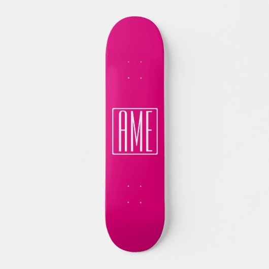 Skateboard 3 Initiales Monogramme | Blanc sur rose chaud (Devant)