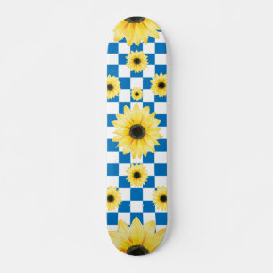 Skateboard à damiers et tournesol bleu et blanc
