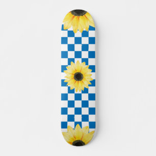 Skateboard à damiers et tournesol bleu et blanc