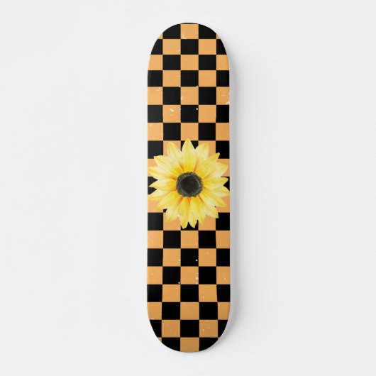 Skateboard à damiers et tournesol orange et noir (Devant)
