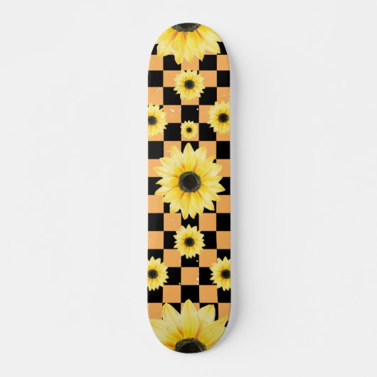 Skateboard à damiers et tournesol orange et noir (Devant)