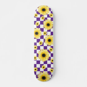 Skateboard à damiers et tournesol violet et blanc