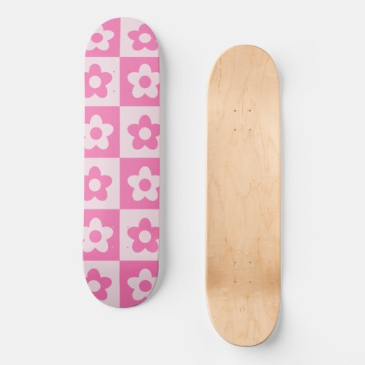 Skateboard à damiers Fleurs rétro Preppy Blanc et Rose (Recto)