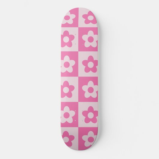 Skateboard à damiers Fleurs rétro Preppy Blanc et Rose (Recto)