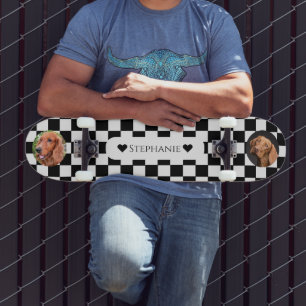 Skateboard à damiers Modèle photo de chien avec nom du coeur
