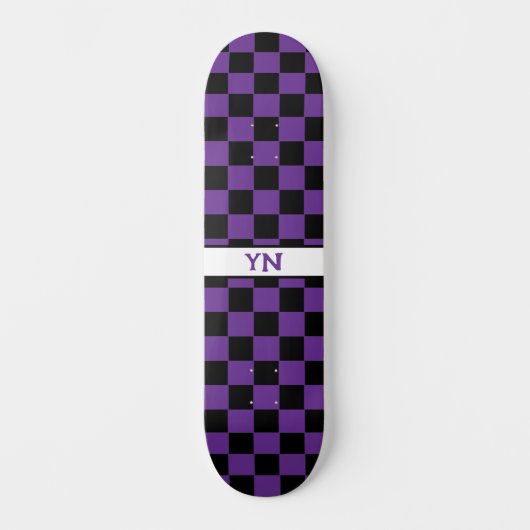 Skateboard à damiers Noir et Violet foncé Nom Initiales (Recto)